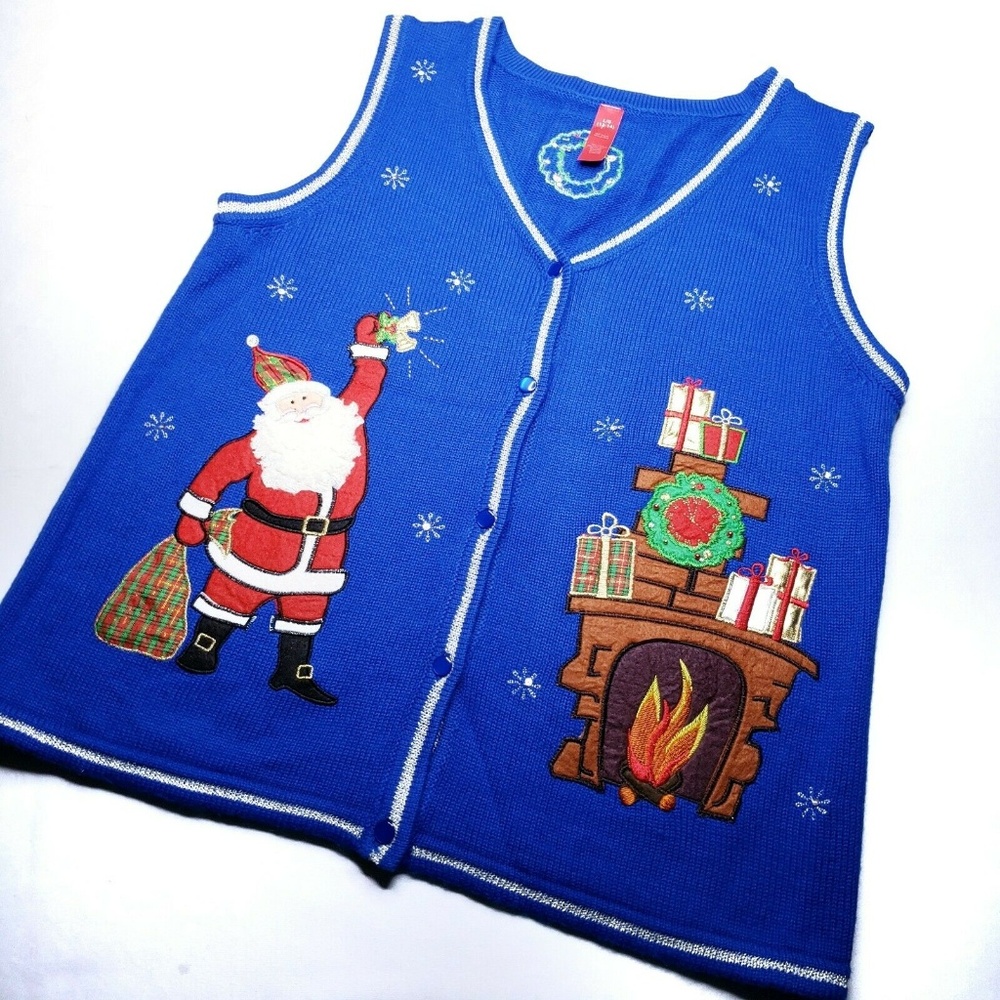 Santa Knit Ugly Christmas Sweater Vest Size 12-14 Blue Sleeveless